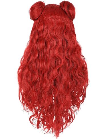 Kids Costume Wig with Buns and Red Necklace Earrings Long Wavy Hair Wigs for Girls Halloween Cosplay in Kuwait