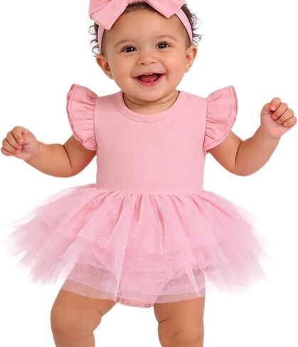 Baby Girls Tulle Romper Ruffle Sleeveless Tutu Dress 0-18M | Bodysuit tulle skirt, cotton blend, snap crotch, Headband as bow hair tie or waist belt, Daily Wear, baptism, Holiday in Kuwait