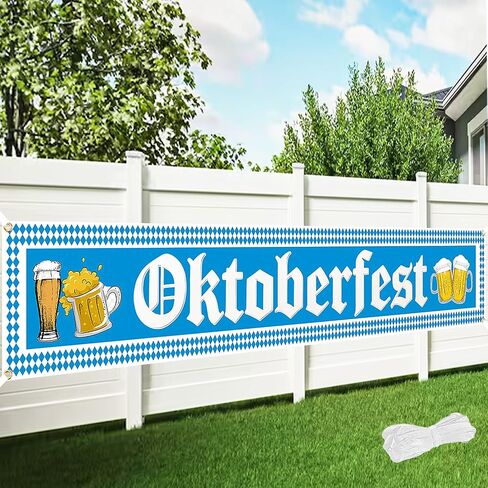 Oktoberfest Decorations, Large Oktoberfest Banner 8.2ft × 1.6ft with 19.69ft Ribbon, Double-Stitched Bavarian Blue White Backdrop for German Octoberfest Beer Party Decor in Saudi Arabia