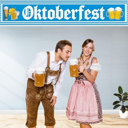Oktoberfest Decorations, Large Oktoberfest Banner 8.2ft × 1.6ft with 19.69ft Ribbon, Double-Stitched Bavarian Blue White Backdrop for German Octoberfest Beer Party Decor in Saudi Arabia