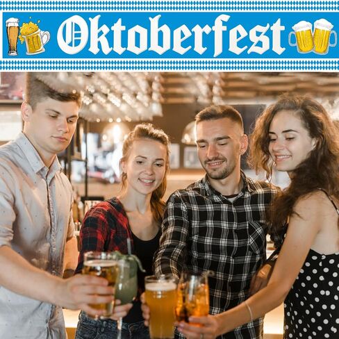 Oktoberfest Decorations, Large Oktoberfest Banner 8.2ft × 1.6ft with 19.69ft Ribbon, Double-Stitched Bavarian Blue White Backdrop for German Octoberfest Beer Party Decor in Saudi Arabia