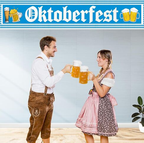 Oktoberfest Decorations, Large Oktoberfest Banner 8.2ft × 1.6ft with 19.69ft Ribbon, Double-Stitched Bavarian Blue White Backdrop for German Octoberfest Beer Party Decor in Saudi Arabia