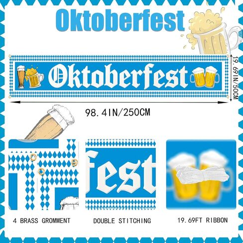 Oktoberfest Decorations, Large Oktoberfest Banner 8.2ft × 1.6ft with 19.69ft Ribbon, Double-Stitched Bavarian Blue White Backdrop for German Octoberfest Beer Party Decor in Saudi Arabia