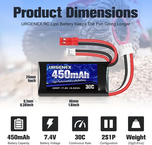 7.4V Lipo Battery 2S 30C 450mAh Rechargeable SCX24 RC Lipo with JST & PH2.0 Double Discharge Plug Fit for Axial Scx24 RC Car Truck and Most 1/10, 1/16, 1/18, 1/24 Scale RC Car Truck Drone in Kuwait