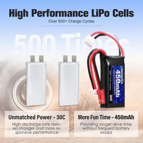 7.4V Lipo Battery 2S 30C 450mAh Rechargeable SCX24 RC Lipo with JST & PH2.0 Double Discharge Plug Fit for Axial Scx24 RC Car Truck and Most 1/10, 1/16, 1/18, 1/24 Scale RC Car Truck Drone in Kuwait