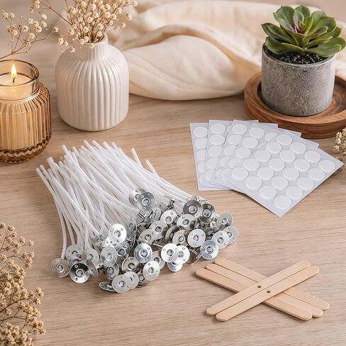 100Pcs Candle Wicks 10cm/4 inch Set for Soy Wax Candle Making Supplies, 10cm Pre-Waxed Tabbed Cotton Wicks, with 100Pcs Stickers in Saudi Arabia