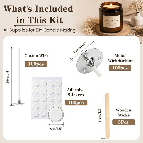 100Pcs Candle Wicks 10cm/4 inch Set for Soy Wax Candle Making Supplies, 10cm Pre-Waxed Tabbed Cotton Wicks, with 100Pcs Stickers in Saudi Arabia