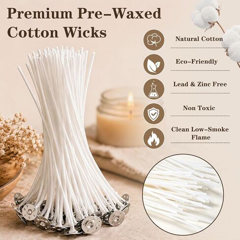 100Pcs Candle Wicks 10cm/4 inch Set for Soy Wax Candle Making Supplies, 10cm Pre-Waxed Tabbed Cotton Wicks, with 100Pcs Stickers in Saudi Arabia