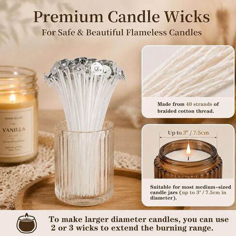 100Pcs Candle Wicks 10cm/4 inch Set for Soy Wax Candle Making Supplies, 10cm Pre-Waxed Tabbed Cotton Wicks, with 100Pcs Stickers in Saudi Arabia
