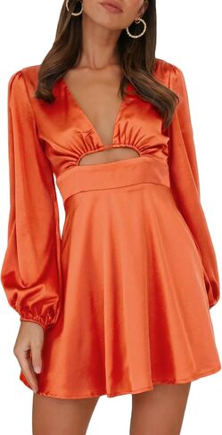 Women's Satin Long Sleeve Cut Out Mini Dress Silk Lantern Sleeve V Neck A-line Sexy Cocktail Short Dress for 2023 in Saudi Arabia