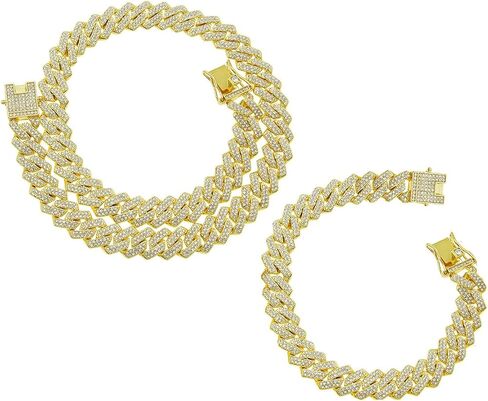 Mens Silver Cuban Link Chain Necklace for Women - Iced Out Bling Miami Cuban Link Bracelet - Hip Hop Jewelry for Men and Women in Kuwait