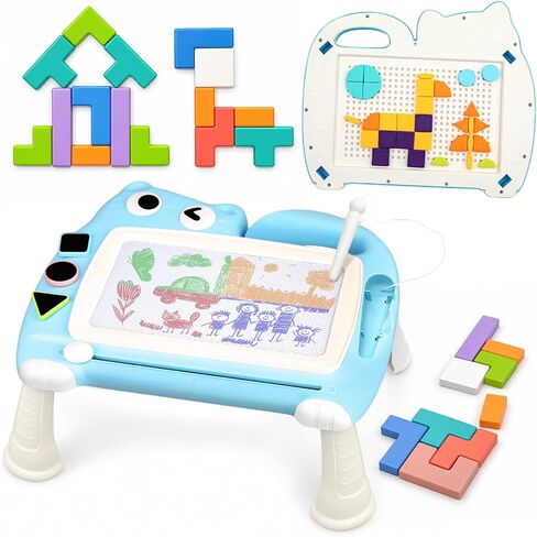 4-in-1 Magnetic Drawing Board for Kids, Double-Sided Toddler Doodle Board with Detachable Table Legs and Carry Handle, Pattern Building Puzzle Toy, Creative Learning Gift Ages 3-6（Blue） in Kuwait