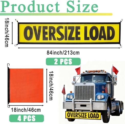 2 Pack Oversize Load Banner for Trucks & Pilot Cars, 4 Red Warning Flags with Bungee Hooks & Metal Hooks, Heavy Duty Mesh Wide Load Signs for Trailers/Semis, 18" x 84" in Saudi Arabia