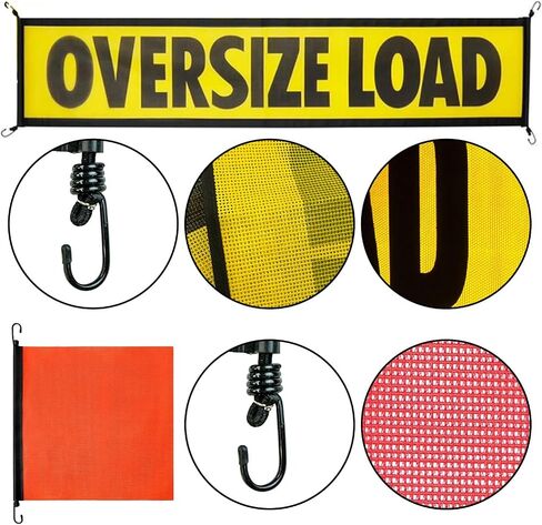 2 Pack Oversize Load Banner for Trucks & Pilot Cars, 4 Red Warning Flags with Bungee Hooks & Metal Hooks, Heavy Duty Mesh Wide Load Signs for Trailers/Semis, 18" x 84" in Saudi Arabia
