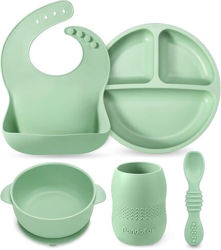 PandaEar Silicone Baby Feeding Set 6-12 Months| Baby LED Weaning Supplies| Infant Toddler Feeding Set| Silicone Baby Bib + Baby Plate with Suction + Baby Cup + Baby Bowls and Spoon First Stage Set in Kuwait