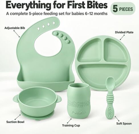 PandaEar Silicone Baby Feeding Set 6-12 Months| Baby LED Weaning Supplies| Infant Toddler Feeding Set| Silicone Baby Bib + Baby Plate with Suction + Baby Cup + Baby Bowls and Spoon First Stage Set in Kuwait
