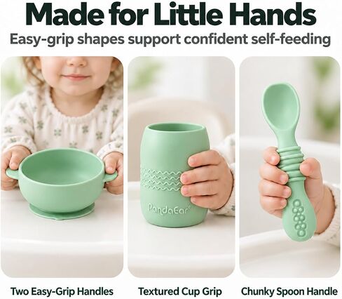 PandaEar Silicone Baby Feeding Set 6-12 Months| Baby LED Weaning Supplies| Infant Toddler Feeding Set| Silicone Baby Bib + Baby Plate with Suction + Baby Cup + Baby Bowls and Spoon First Stage Set in Kuwait