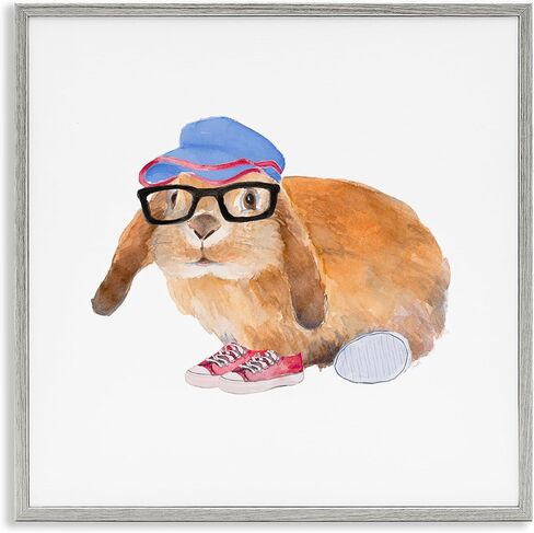 Stupell Industries Baby Rabbit Glasses Blue Hat Playful Red Shoes, Designed by Lanie Loreth Gray Framed Wall Art, 24 x 24, Orange in Kuwait