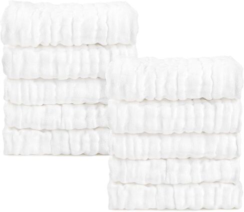 AIDEA Baby Muslin Washcloths-10 Pack, 100% Cotton Washcloth, Newborn Essentials, Soft Baby Washcloths, Absorbent Baby Towel, Bath Face Towels, Burp Cloths, Rags for Newborn, Baby Gifts-White 10" X10" in Kuwait