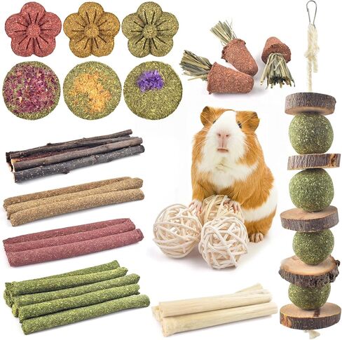 ERKOON 42PCS Rabbit Chew Toys, Natural Timothy Grass Cakes Guinea Pig Toys, Small Animal Teeth Grinding Treats for Bunny Hamster Chinchilla, Safe Dental Care Snacks in Kuwait