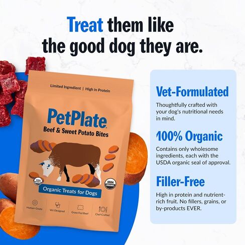 PetPlate Beef and Sweet Potato Bites, Human Grade Dog Treats, All Life Stages, Grain-Free, Organic and Real Ingredients, High Protein, Healthy Snacks (Pack of 1, 4.5 Ounce) in Kuwait