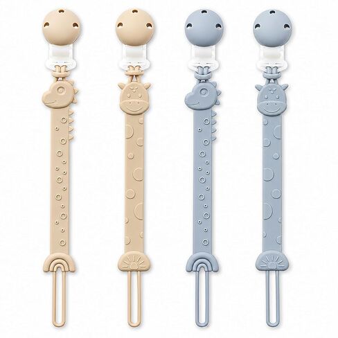 Pacifier Clips for Baby Boys Girls, One-Piece Silicone Pacifier Holder Strap 4 Pack, Binky Paci Clips Animal Rainbow Design, Lightweight Break-Resistant, Dishwasher Safe-Ivory+Sage in Kuwait