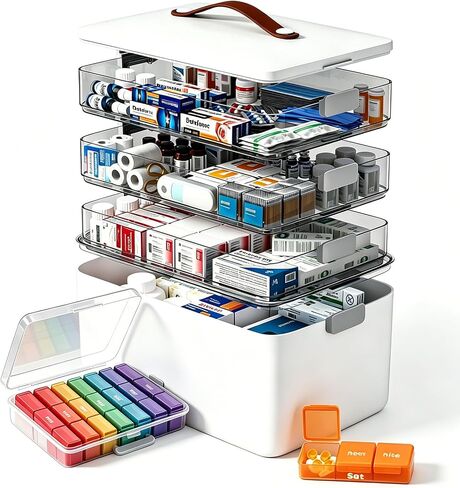 MOPUP 4-Tier Medicine Craft,Sewing,Art,Organizer Storage,Portable Latch Bin with Lid and Leather Handle,Pill Bottle, First Aid,Comes with a 7-Day Pill Organizer,A Household Essential in Saudi Arabia