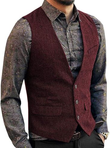 Zeattall Men's Herringbone Tweed Wool Suit Vest Single Breasted Slim Fit Waistcoat Vest in Kuwait