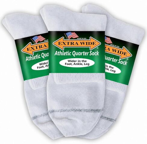 Extra Wide Comfort Fit Athletic Quarter Socks (Pack of 3) Fits Up to a 6E Width, Made in USA in Saudi Arabia