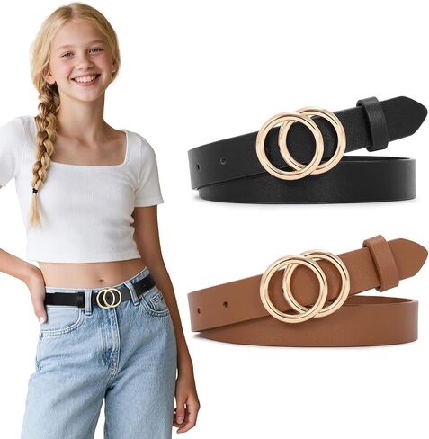 SUOSDEY 2 Pack Kids Leather Belts for Girls Solid Colors Skinny Belt for Teen Girls with Double O-Ring Buckles in Kuwait