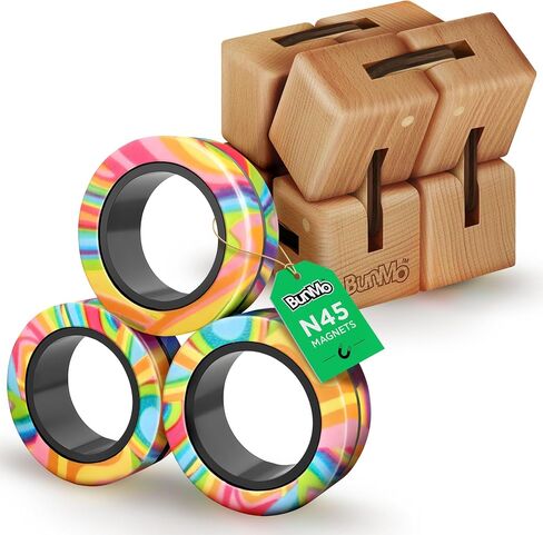 BunMo Bundle Infinity Cube x Magnetic - Large Eco Beechwood Fidget Cube & Multicolored Fidget Rings - Fidget Toys Adults - Stimulating Fidgets for Adults - Magnetic Fidget Rings in Saudi Arabia
