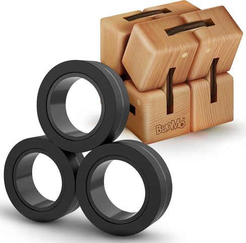 BUNMO Bundle Wooden Fidget Cube x Magnetic Fidget Rings Black - Smooth Folding Pocket Fidget, Natural Wood Sensory Cube for Desk or Travel - Compact & Quiet Fidget Toy for Adults & Teens in Saudi Arabia