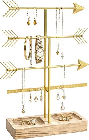 Urban Deco Arrow Jewelry Organizer Stand 4-Tier Black Jewelry Stand Necklace Organizer مع حامل حلقة خشبية لعرض المجوهرات حامل سوار حامل منظم القرط للفتيات - أسود in Kuwait