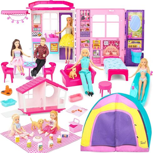 Style Shine Foldable Doll House, Portable Dollhouse w/ 2 Dolls and 60+ PCS in Kuwait