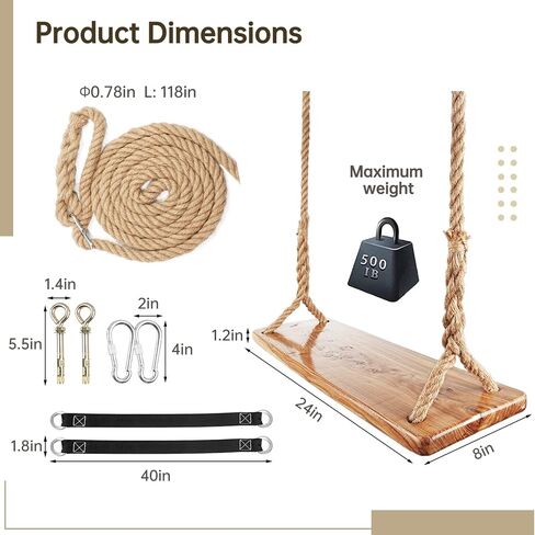 Wooden Tree Swing,500lbs Load Capacity Wooden Swing for Adults & Kids,Adjustable Height,Waterproof Hanging Swing Seat for Indoor,Outdoor,Backyard,Garden,Playground (Adult) in Kuwait