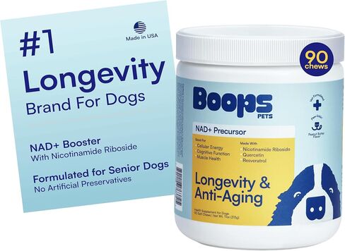NAD+ Precursor & Senior Dog Supplement - 90 Soft Chews - NMN Alternative for Longevity & Healthy Aging - Nicotinamide Riboside, Resveratrol, Quercetin, Made with Pasture-Raised Chicken in Kuwait
