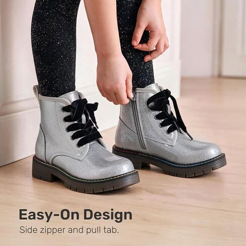 DREAM PAIRS Girls Boys Glitter Ankle Boots Side Zipper Combat Shoes with Lace Up（Toddler/Little Kid/Big Kid） in Kuwait