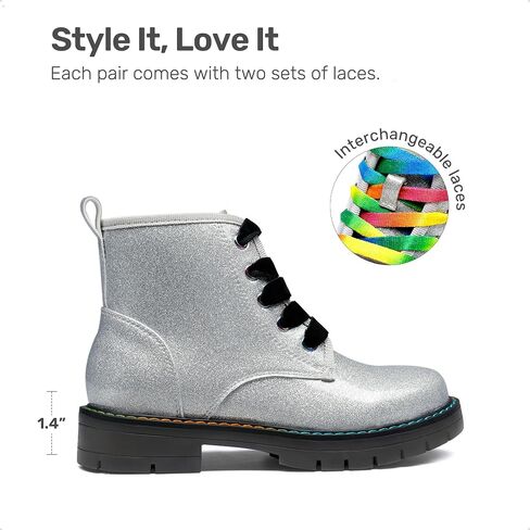 DREAM PAIRS Girls Boys Glitter Ankle Boots Side Zipper Combat Shoes with Lace Up（Toddler/Little Kid/Big Kid） in Kuwait
