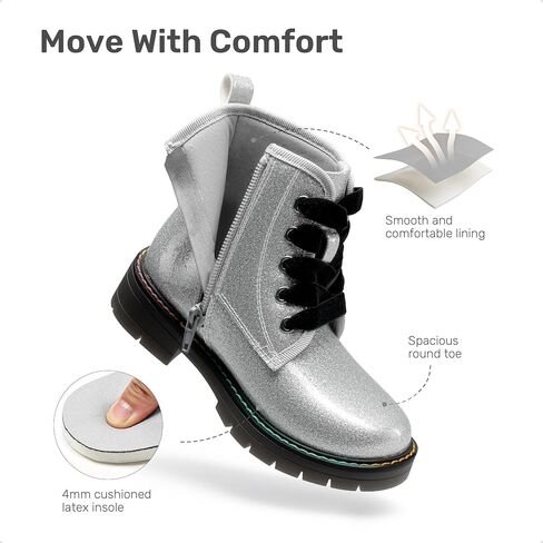 DREAM PAIRS Girls Boys Glitter Ankle Boots Side Zipper Combat Shoes with Lace Up（Toddler/Little Kid/Big Kid） in Kuwait