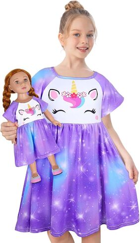 Play Tailor Doll and Girl Matching Nightgown Unicorn Outfit Pajamas Night Dress for Girls and 18" Dolls Clothes in Kuwait