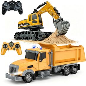 Remote Control Excavator and Dump Truck Toy Set, RC Excavator & RC Dump Truck with Lights and Sounds for Imaginative Play, Birthday Gifts for Toddlers Boys Girls in Kuwait