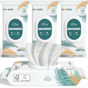 200 Count Dog Wipes & Cat Wipes (4x50 Packs) | Hypoallergenic, pH Balanced for Paws, Body, Face & Grooming |All-Natural Plant Fiber Wipes with Aloe, Coconut Oil & Vitamin E |Pearl Texture in Kuwait