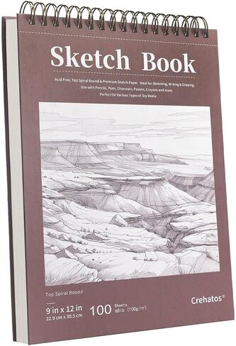 Crehatos 9" x 12" Sketch Book, Top Spiral Bound Sketch Pad, 100 Sheets 68lb/100gsm Drawing Paper, 1 Pack in Kuwait