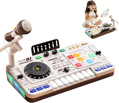 Rechargeable Kids DJ Mixer with LED Light Show & Karaoke Microphone - Interactive Music Toy with 12 Sound Keys, 8 Piano Keys & Custom Recording for Ages 4-8+ in Kuwait