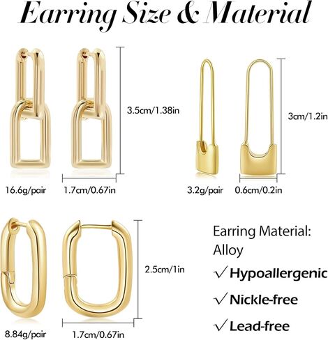 SLOONG 3 Pairs 14k Gold Plated Ball U Shape Pin Y2K Style Chunky Earring Link Chain Chunky Circle Hoop Earrings Paperclip Link Chain Jewelry Drop Dangle Earrings set for women teen girls in Kuwait