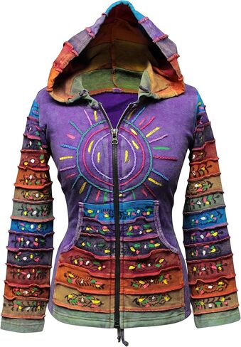 سترة نسائية من Shopoholic Fashion بتصميم Sun Patchwork Pixie Hippy Ribs ذات قلنسوة باهتة in Kuwait