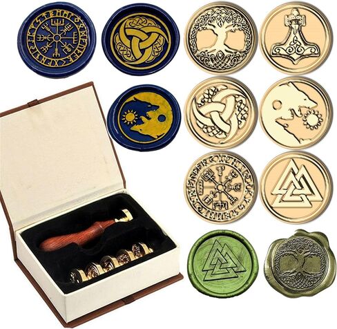 6PCS Viking Rune Wax Seal Stamp, Viking Vegvisir Valknut Tree of Life Sealing Wax Stamp with Wooden Handle, Vintage Brass Stamp for Wedding Invitation, Gift Wrap, Envelopes, Christmas Card (A1) in Saudi Arabia
