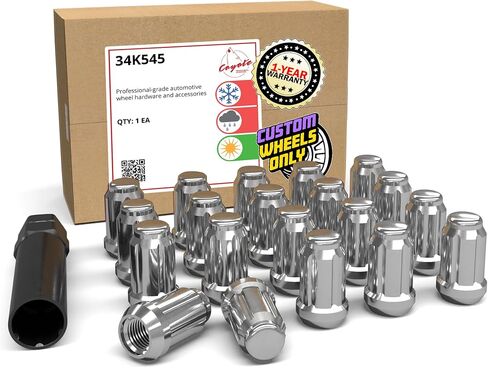 Wheel Accessories Parts Set of 20 Chrome 12x1.5 Lug Nuts 1.38in Long Car Small Diameter Lug Nut Closed End Bulge Acorn 6 Spline with Key (M12x1.5, Chrome) in Kuwait