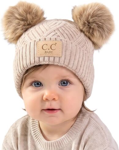 C.C Kids' Babies' Soft Stretch Cable Knit Faux Fur Pom Pom Beanie Hat in Kuwait