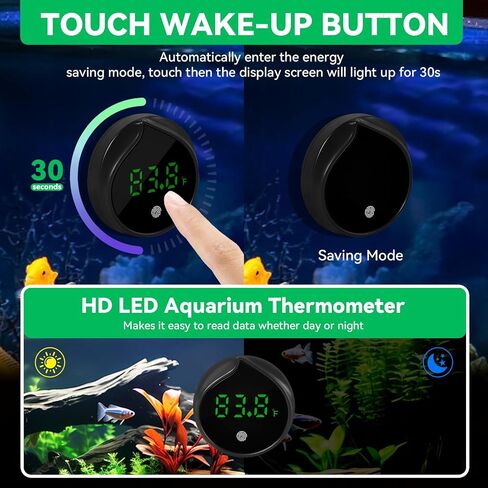 Removable Aquarium Water Thermometer Gauge with Touch Screen Digital Fish Tank Thermometer LED Display ±1℉/0.5℃, Fish Tank Accessories for Betta, Axolotl, Shrimp, Turtle, Reptile and Aquatic (Black) in Saudi Arabia